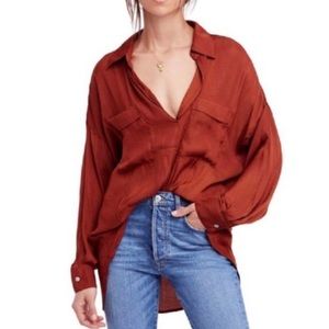 Free People Starry Dreams Rust Fall Silky Long Sleeve Oversized Collared Blouse